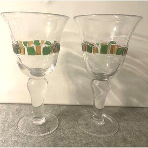 Pair of Beautiful Harlequin Goblets with Fused Green and gold Glass Pieces  8"